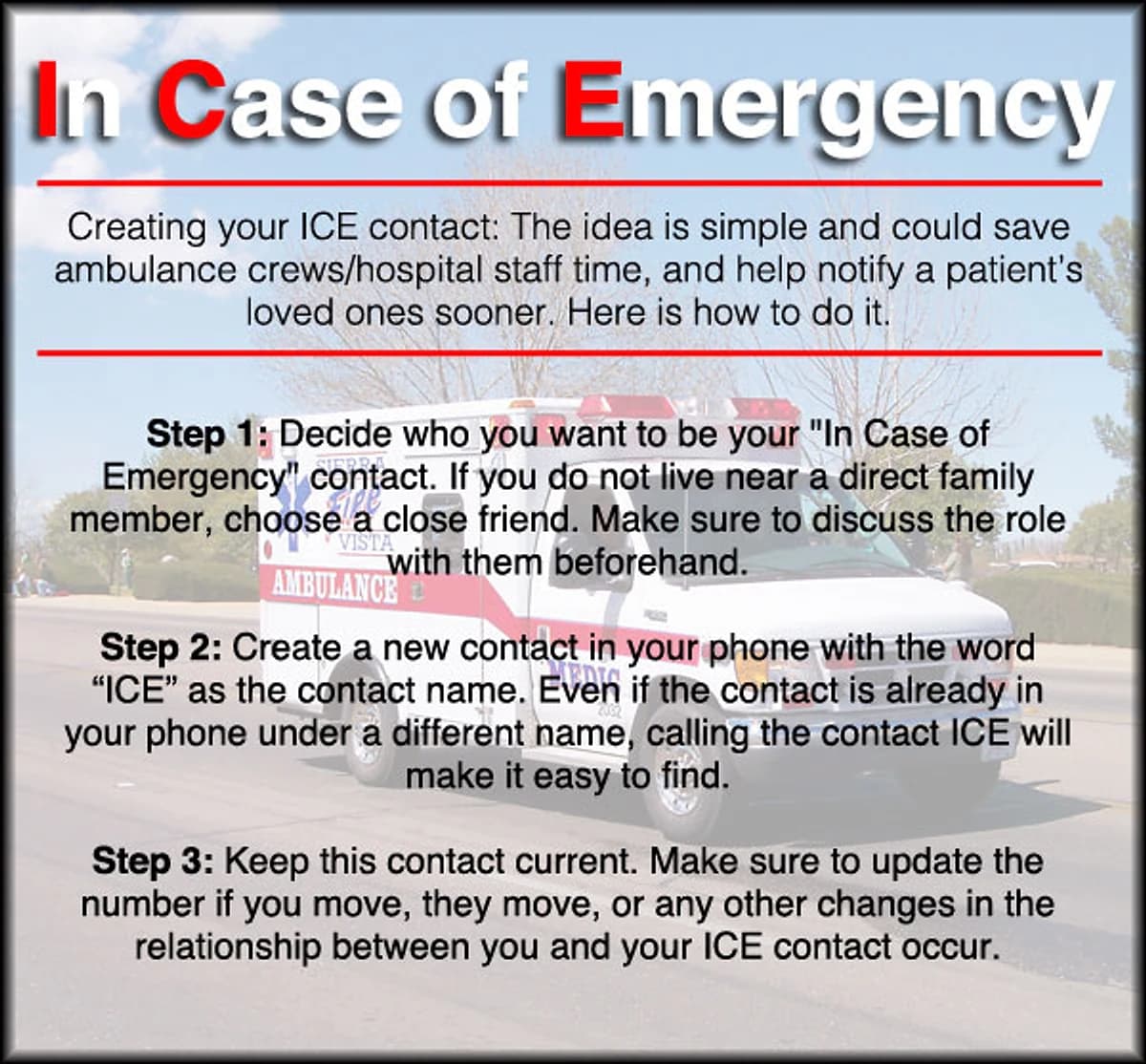 Sample I.C.E. (In Case of Emergency) sheet
